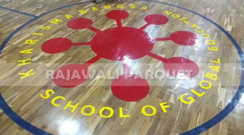pemasangan lantai kayu Jati SMA Kharisma bangsa Tangerang